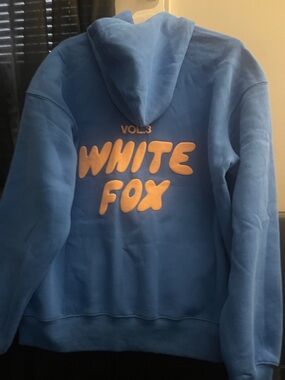 White Fox Boutique Azure Blue Zip-Front Hoodie with Coral Logo Size S/M NWT